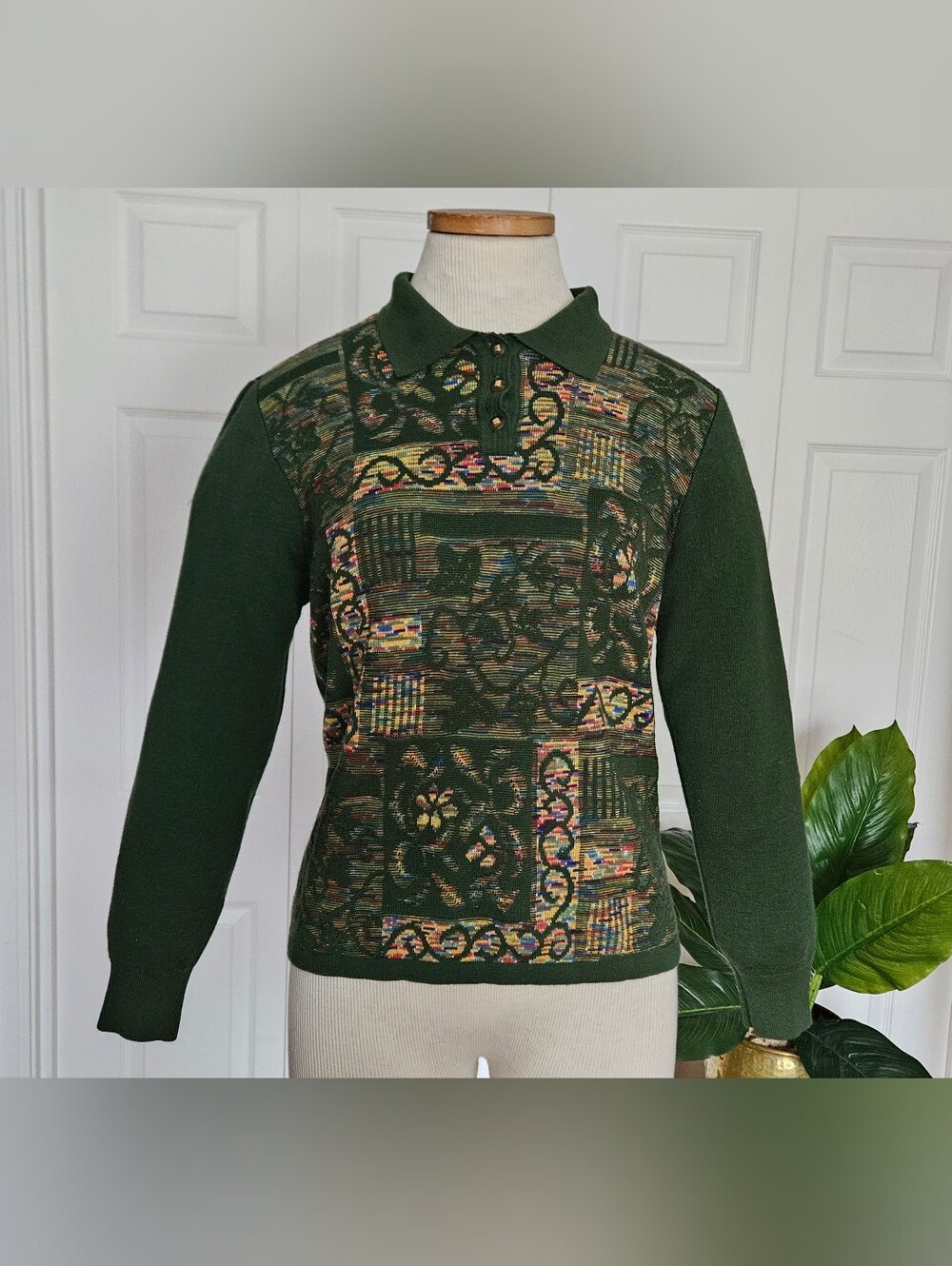 Vtg JangDo Knit Polo Green Patchwork Tapestry Patchwork Tapestry Sweater Size S
